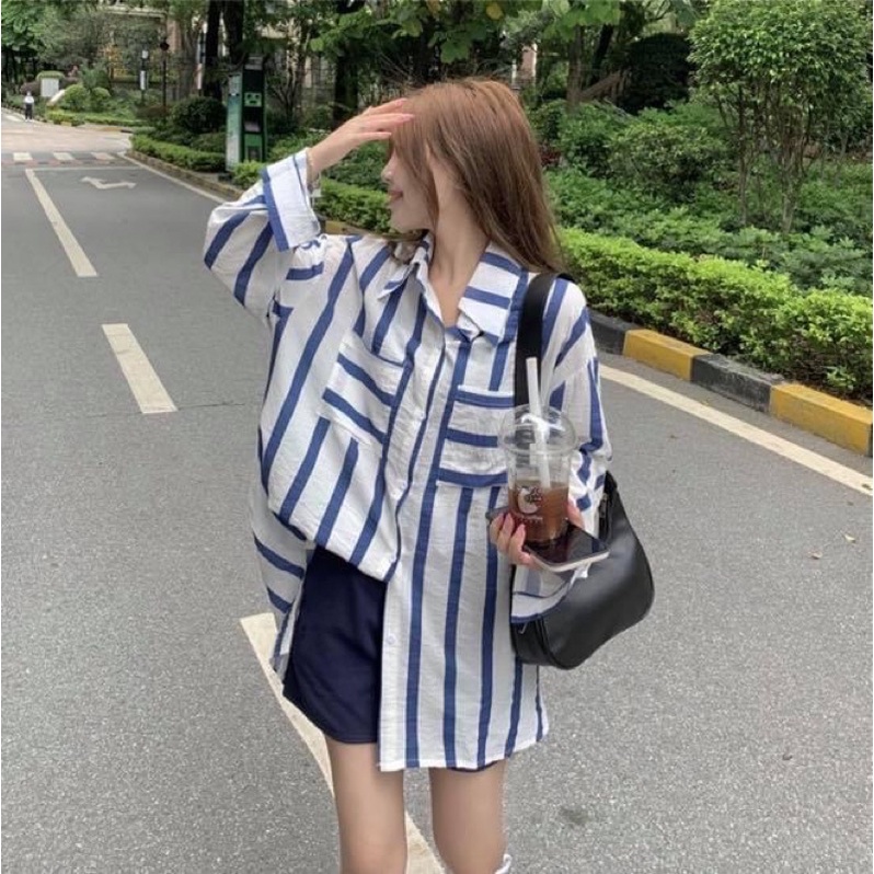 Áo sơ mi unisex oversize form rộng sọc dài voan lụa - Order taobao quảng châu