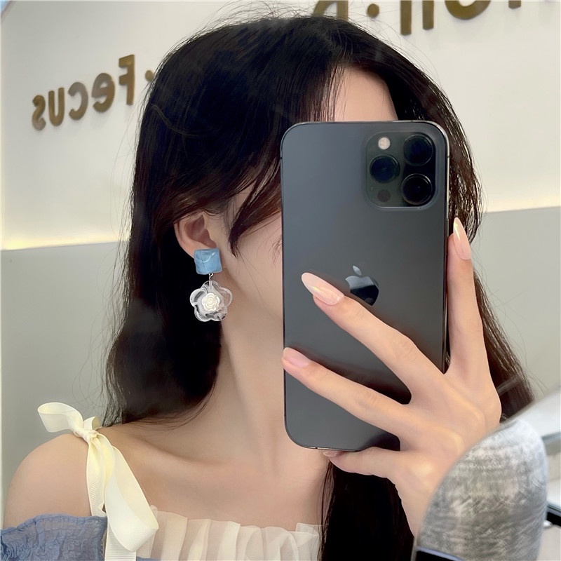 S925 Khuyên tai chuôi bạc hoa trà bông tai trong suốt ulzzang Cocochang shop