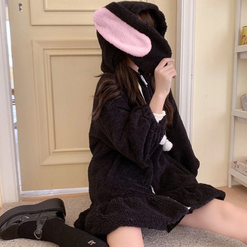 Áo khoác nữ vải lông tay dài có mũ trùm đầu thiết kế tai thỏ dễ thương