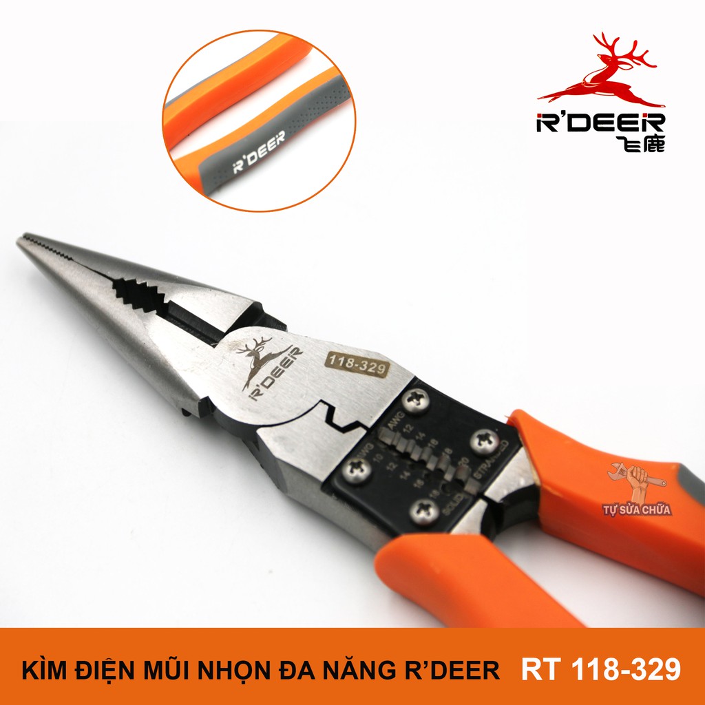 Kìm Kềm điện đa năng mũi nhọn cao cấp R'deer RT 118-329 9inch/225mm 4 trong 1 (Kẹp-Cắt-Uốn-Tuốt dây)