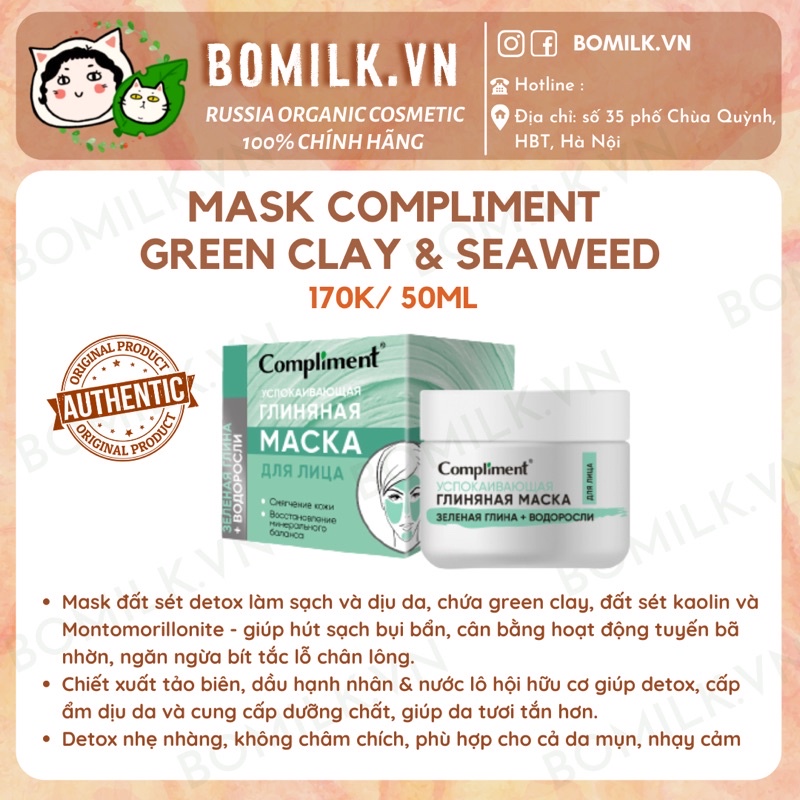 Mask Compliment đất sét xanh & tảo biển - detox làm sạch & dịu da