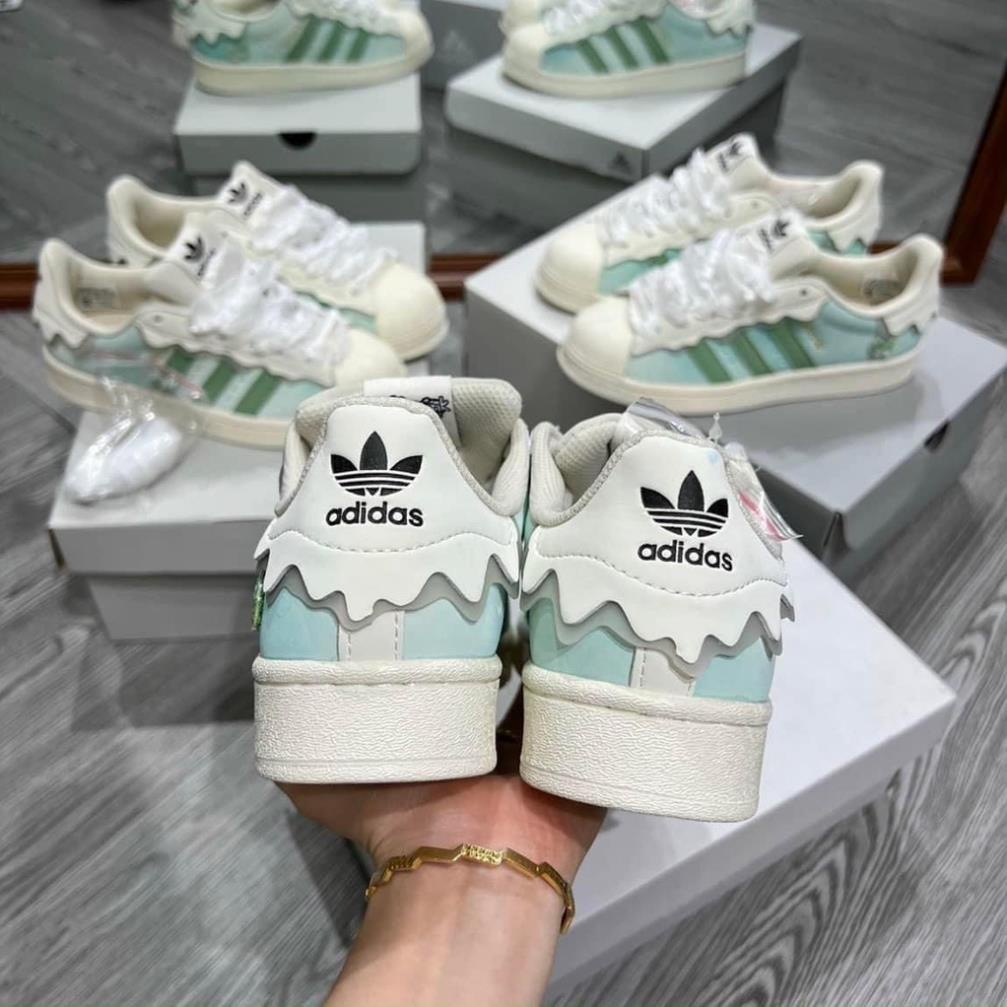 Giày thể thao adidas superstar hồng + xanh kem trắng, giầy das sò 3 sọc hồng, xanh nữ cực chất hot trend 2022