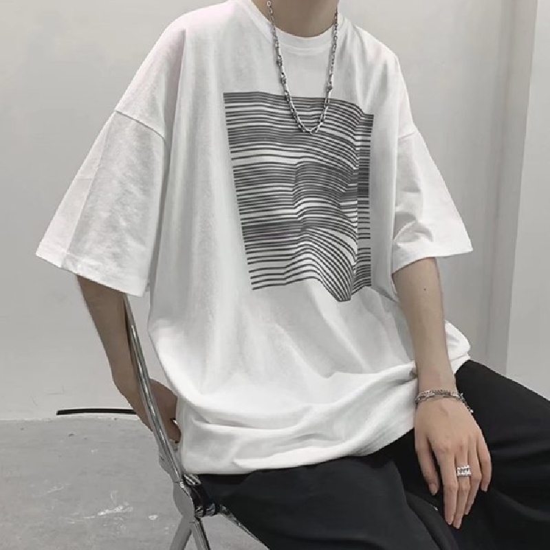 Áo Thun Tay Ngắn Dáng Rộng In Họa Tiết Kẻ Sọc Phong Cách Hip Hop Hàn Quốc Thời Trang Cho Nam