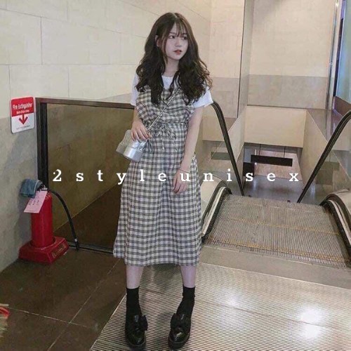 Váy yếm kẻ caro 2 dây chun eo nhẹ nhàng dáng dài | BigBuy360 - bigbuy360.vn