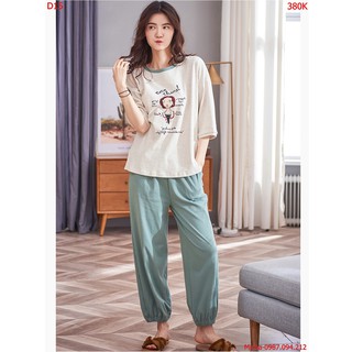Bộ quần áo nữ 💐FREE SHIP💐 Đồ bộ mặc nhà cotton quần dài xanh lá áo ghi - Micha D15 [ đồ bộ nữ ]