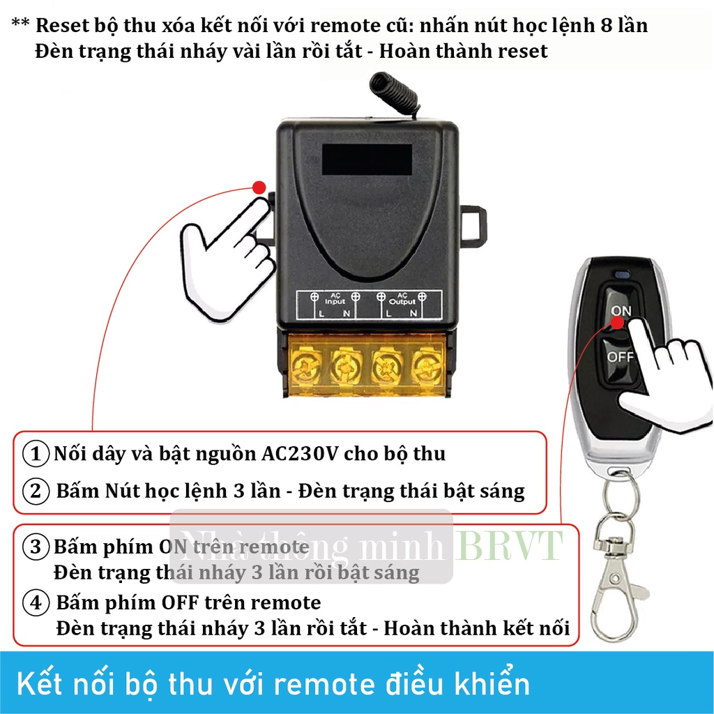 Công tắc điều khiển từ xa 220V 100m công suất cao ngõ ra 30A bật tắt thiết bị chiếu sáng, máy bơm, quạt – Bộ 2 tay bấm