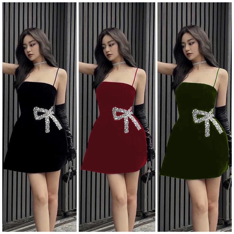 Đầm body nhung 2 dây nơ eo cườm TRIPBLE T DRESS - size S/M/L - MS215Y