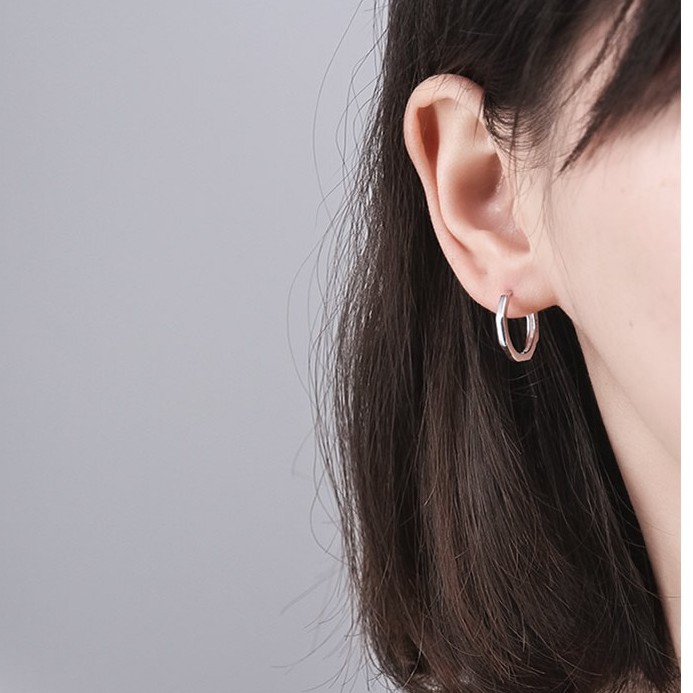 Bông tai tròn bạc ý 925 lục giác vuông cạnh khuyên tai nam nữ