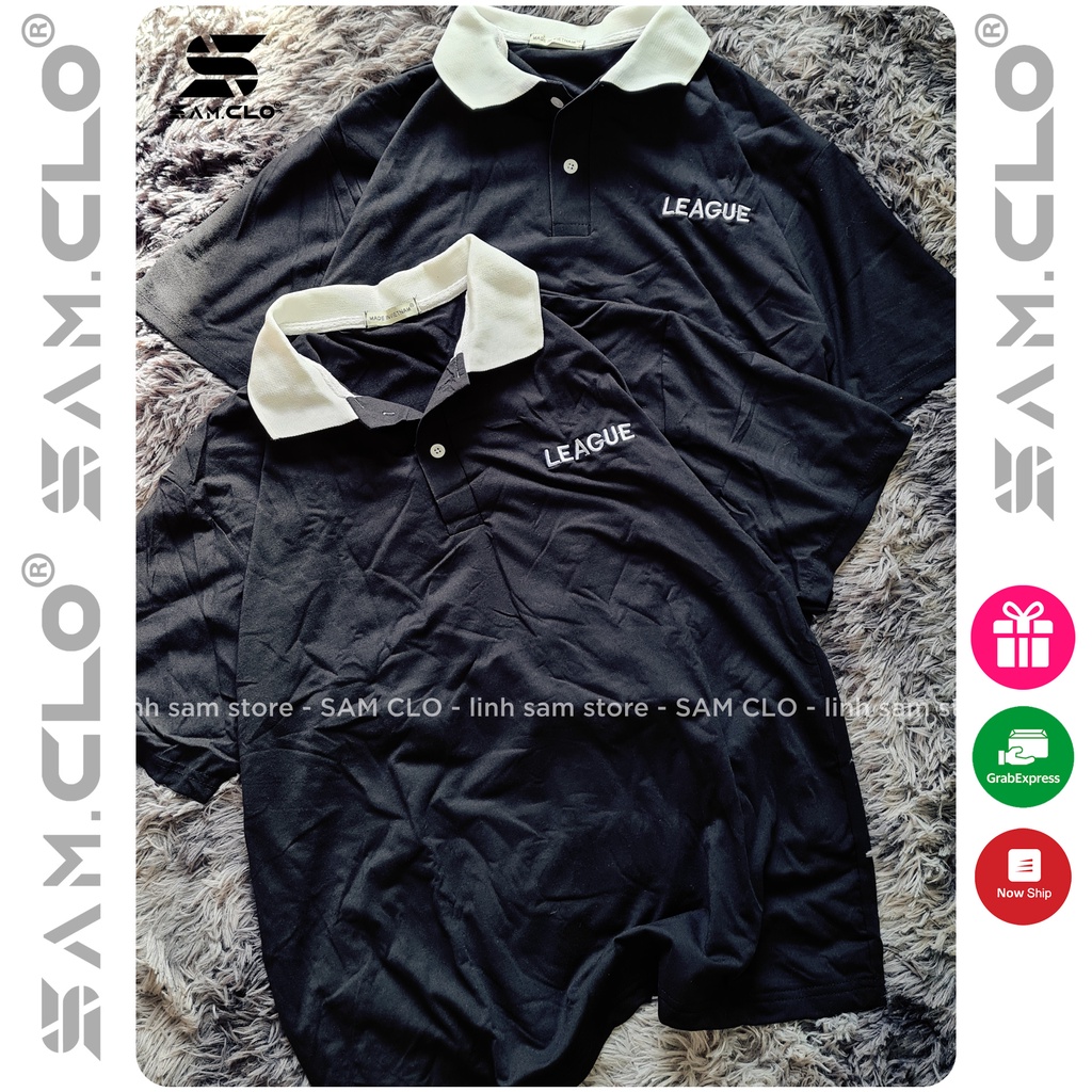 Áo thun Polo tay lỡ SAM CLO có cổ form rộng phông freesize dáng unisex mặc cặp, nhóm, lớp, đi học in chữ LEAGUE | BigBuy360 - bigbuy360.vn