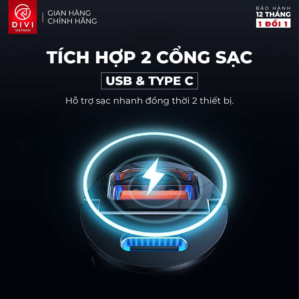 Tẩu sạc nhanh ô tô DIVI V849 - Sạc nhanh QC 3.0 2 cổng USB + USB TYPE C - Hàng chính hãng - Bảo hành 12 tháng 1 đổi 1