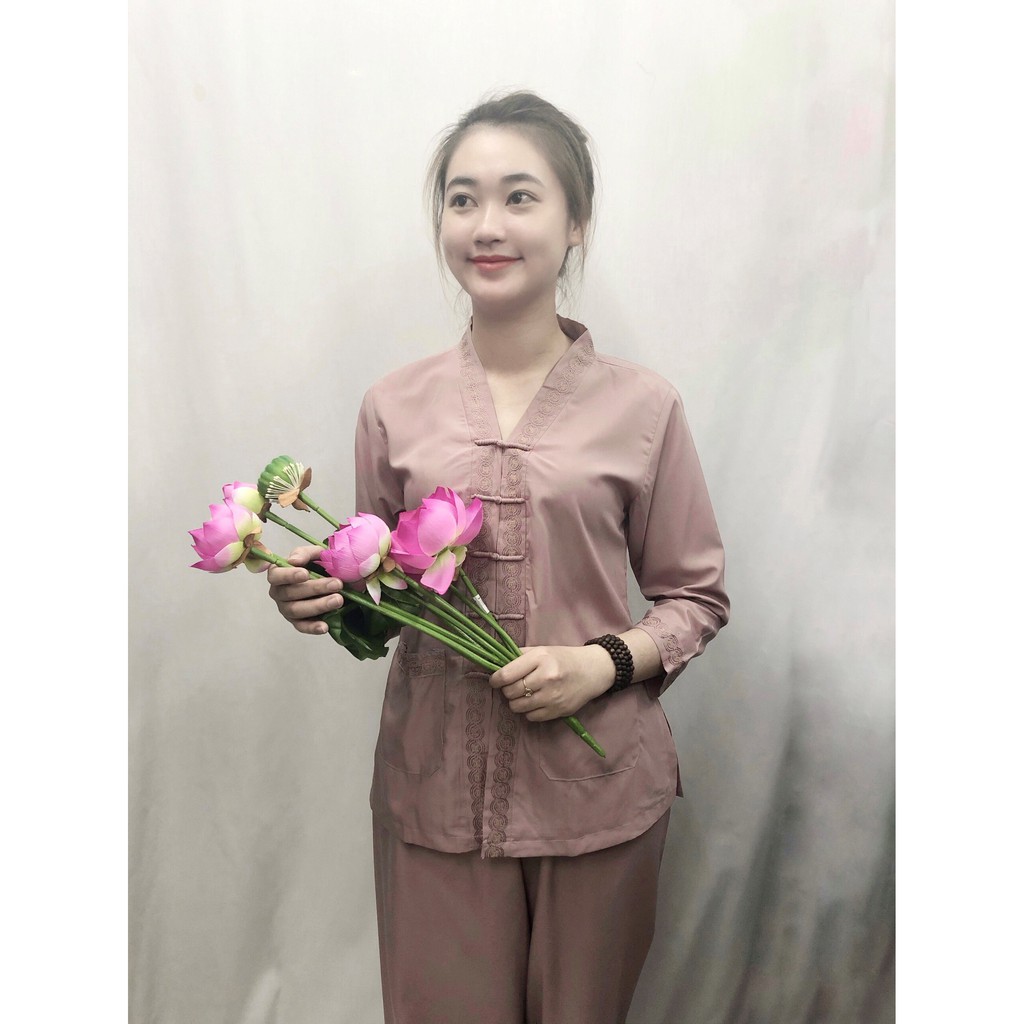Bộ lam đi chùa cho nữ "kiểu Bài Lai Thêu"