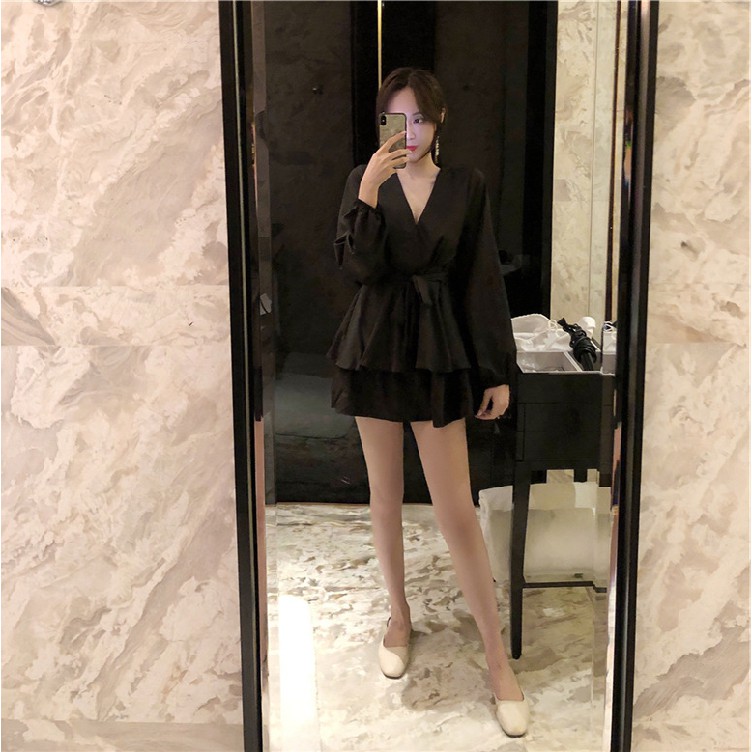 Xiaozhainv Đầm dáng chữ A tay dài cổ chữ V quyến rũ cho phái nữ | BigBuy360 - bigbuy360.vn