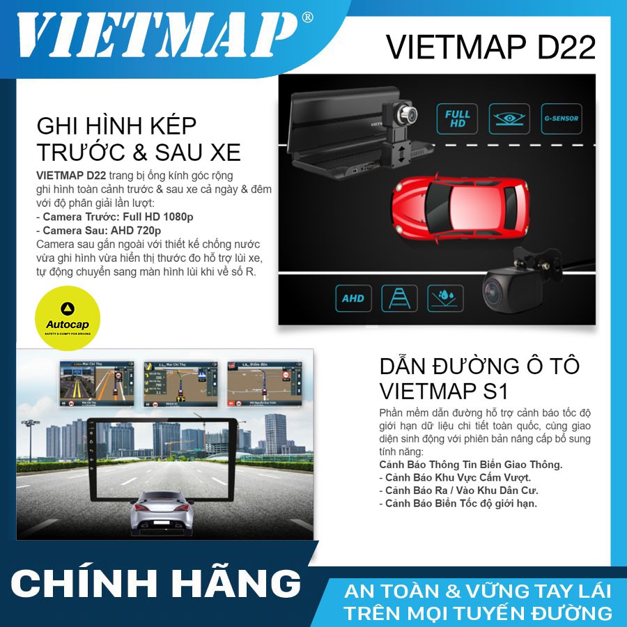 Camera hành trình VIETMAP D22 cho xe ô tô - Dẫn đường S1-Phát Wifi - KM thẻ nhớ đến 128GB & SIM 4G