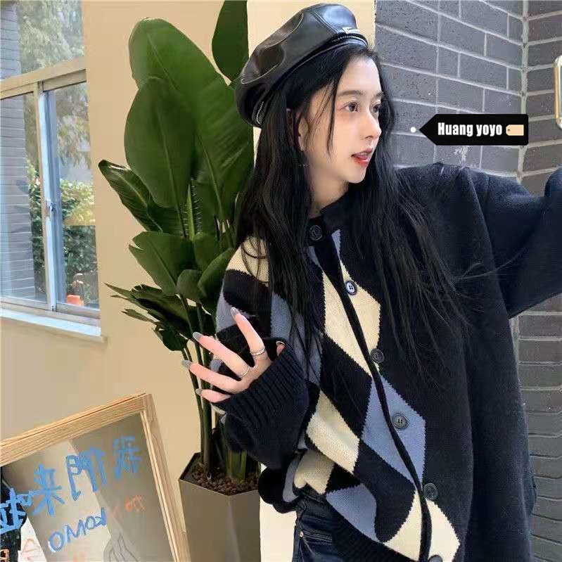 HUANG YOYO   Áo dây len / Áo cardigan dài tay cổ tròn thời trang Hàn Quốc dành cho nữ