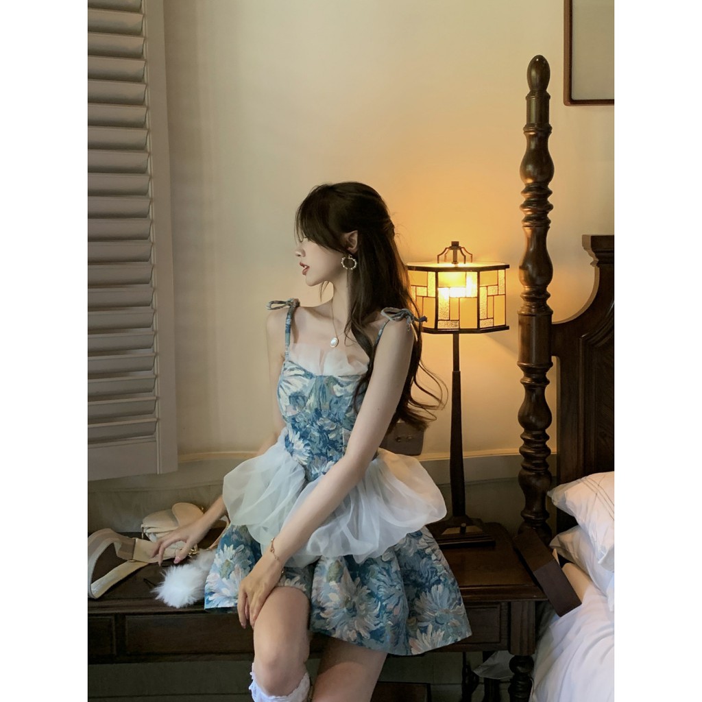 (R424) đầm ulzzang hai dây tranh sơn dầu Pháp em thiết kế size S M(kèm ảnh khách)