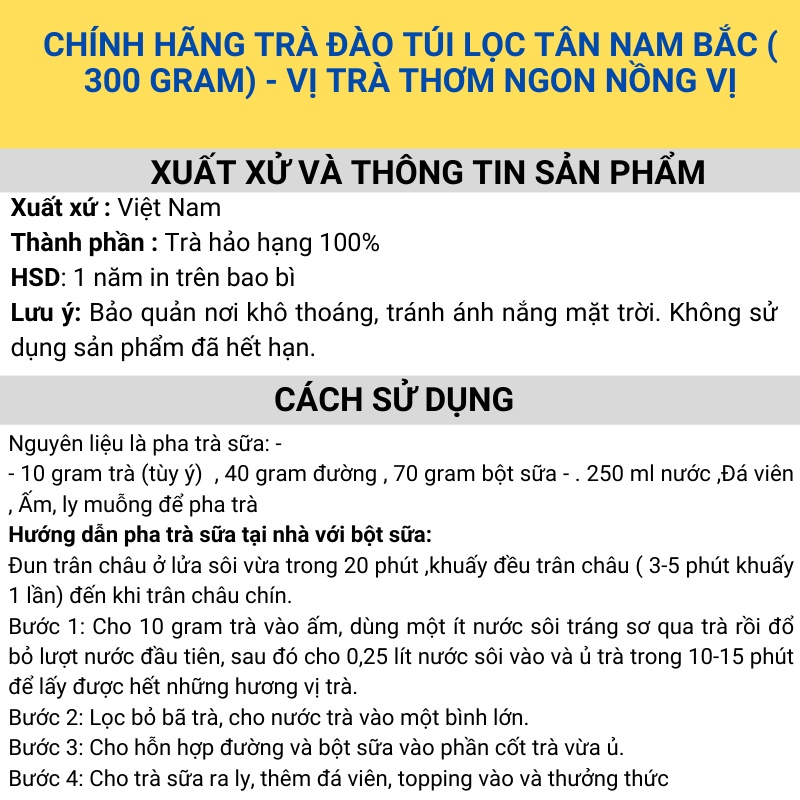 Trà đào túi lọc Tân Nam Bắc chính hãng  ( 300 gram) - Vị trà thơm ngon nồng vị Nguyên liệu làm trà sữa