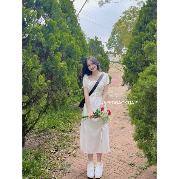 Váy trắng cutout dáng dài Tia19. Đầm trắng tiểu thư cổ yếm trễ vai | BigBuy360 - bigbuy360.vn