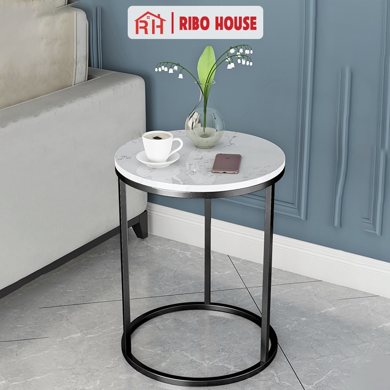 Bàn trà tròn RIBO HOUSE mặt đá hình vân bàn mẫu 1 khung sắt sơn tĩnh điện trang trí phòng khách ban công RIBO91