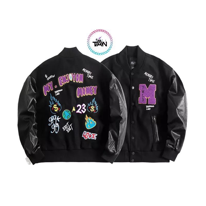 Áo Khoác Bomber Kaki Nam Nữ Phối Tay Da T-A-N From Rộng Hàn Quốc Hình Thêu Nét AKD10 Màu Đen Video thật