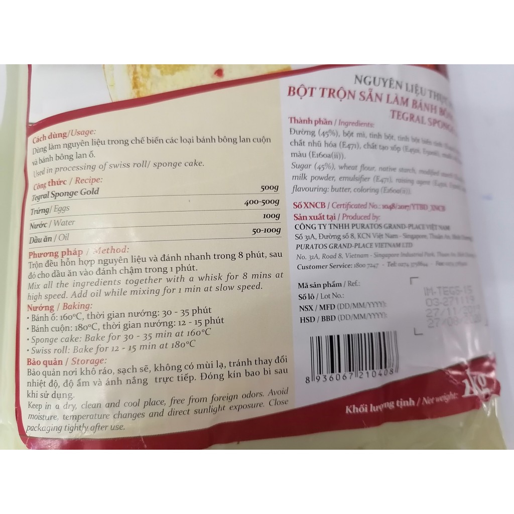 [Túi 1Kg] BỘT TRỘN SẴN LÀM BÁNH BÔNG LAN [VN] PURATOS Tegral Sponge Gold (prt-hk5)