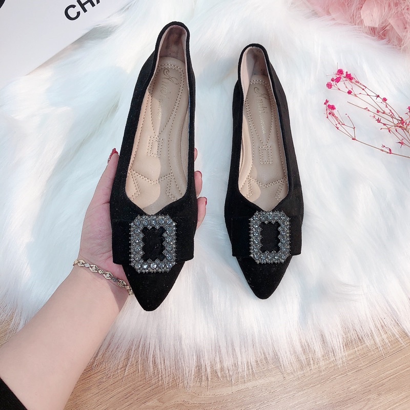 Hài nữ đính đá siêu mềm mũi nhọn chất da lộn đá đính sáng đẹp- SAOSHOP