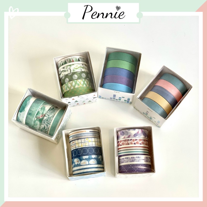 Washi tape Pennie set 5 cuộn dùng trang trí sổ tay planner decor bullet journal nhiều mẫu