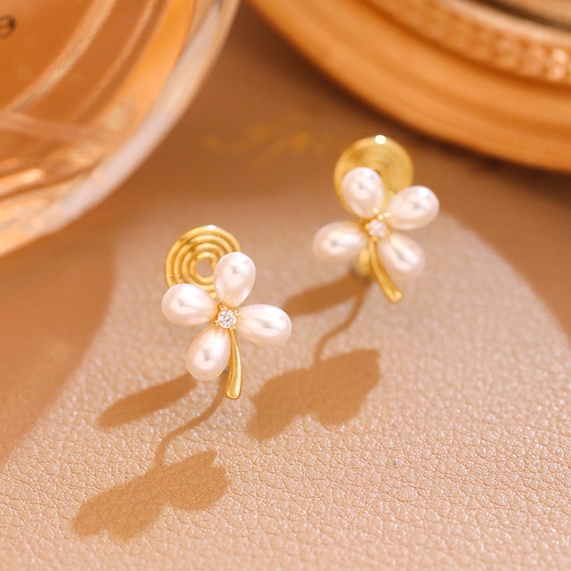 [Jiudolan] Khuyên Tai Dạng Kẹp Hình Cỏ Bốn Lá / Hoa Đính Hạt Ngọc Trai / Vàng Thời Trang Thường Ngày Cho Nữ