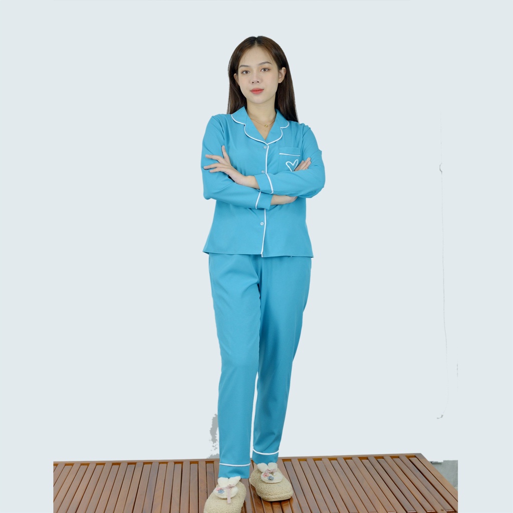 Bộ đồ bộ Pijama màu XANH TRÁI TIM TÚI tay dài quần dài lụa cao cấp - Thoải Mái Nhẹ Nhàng