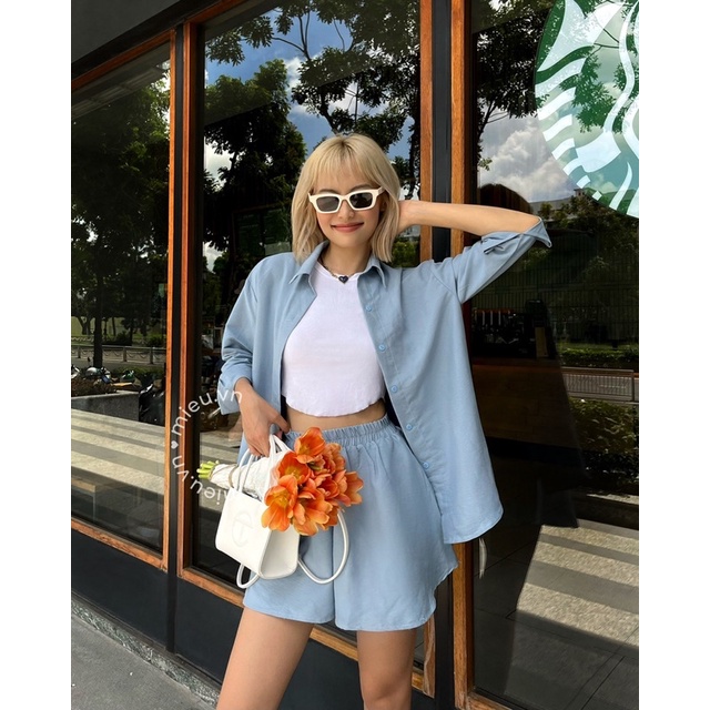 Set áo sơ mi quần short xòe style khoác ngoài trẻ trung freesize MIEU - JA11