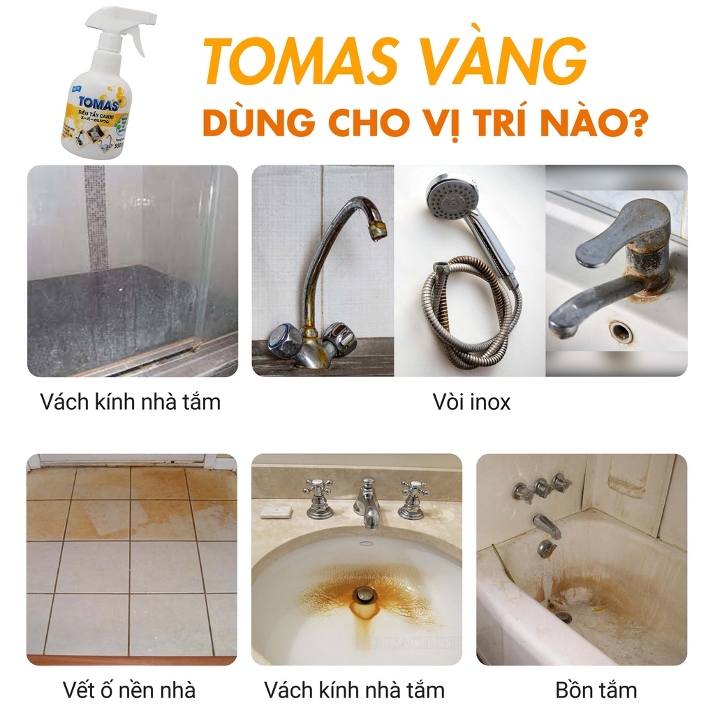 Nước Tẩy cặn canxi vòi inox, bệ sứ, tẩy thiết bị nhà tắm TOMAS Vàng 550g
