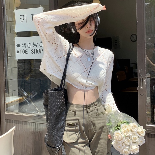 NUZIRO Áo kiểu dệt kim  chống nắng dáng rộng thiết kế lỗ lưới thời trang cho nữ