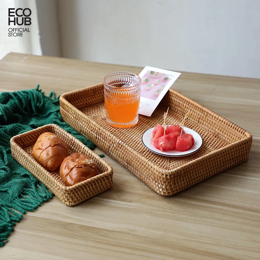 [Mã BMINCU50 giảm 50K đơn 250K] Bộ 3 Khay mây chữ nhật decor / bày đồ ăn (Rattan tray set of 3 Size) | EH063