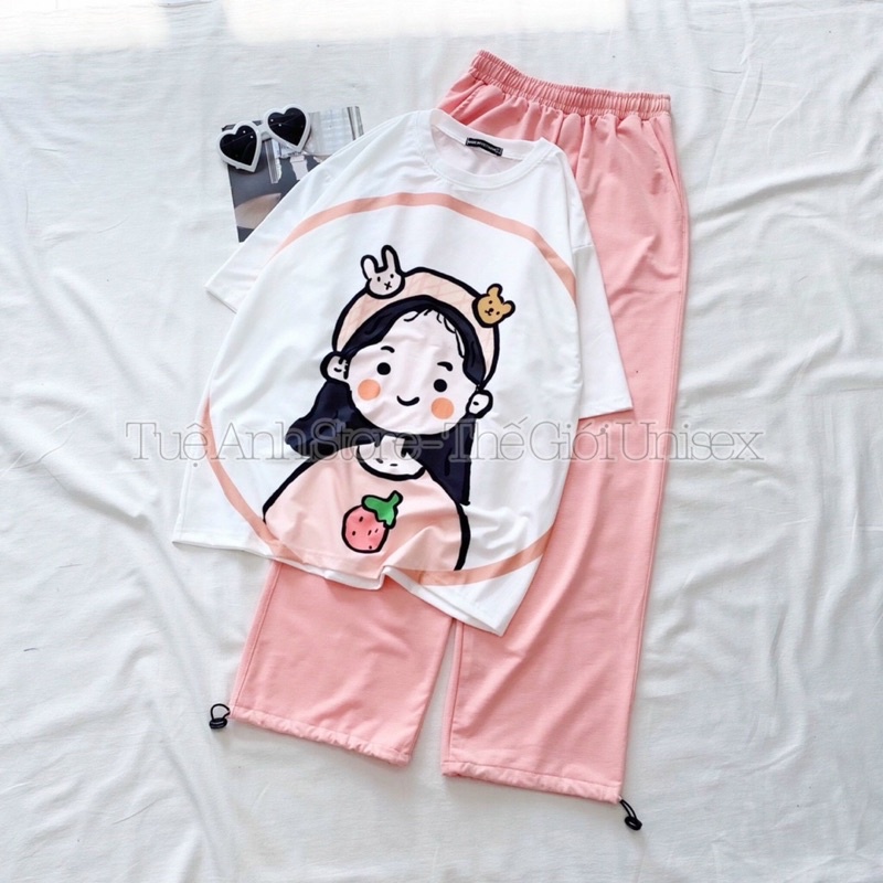 [NHIỀU MẪU] Set đồ bộ cartoon quần dài JOGGER TRƠN DÂY RÚT - Bộ hoạt hình áo thun 3D phối quần da cá Freesize 40-65kg