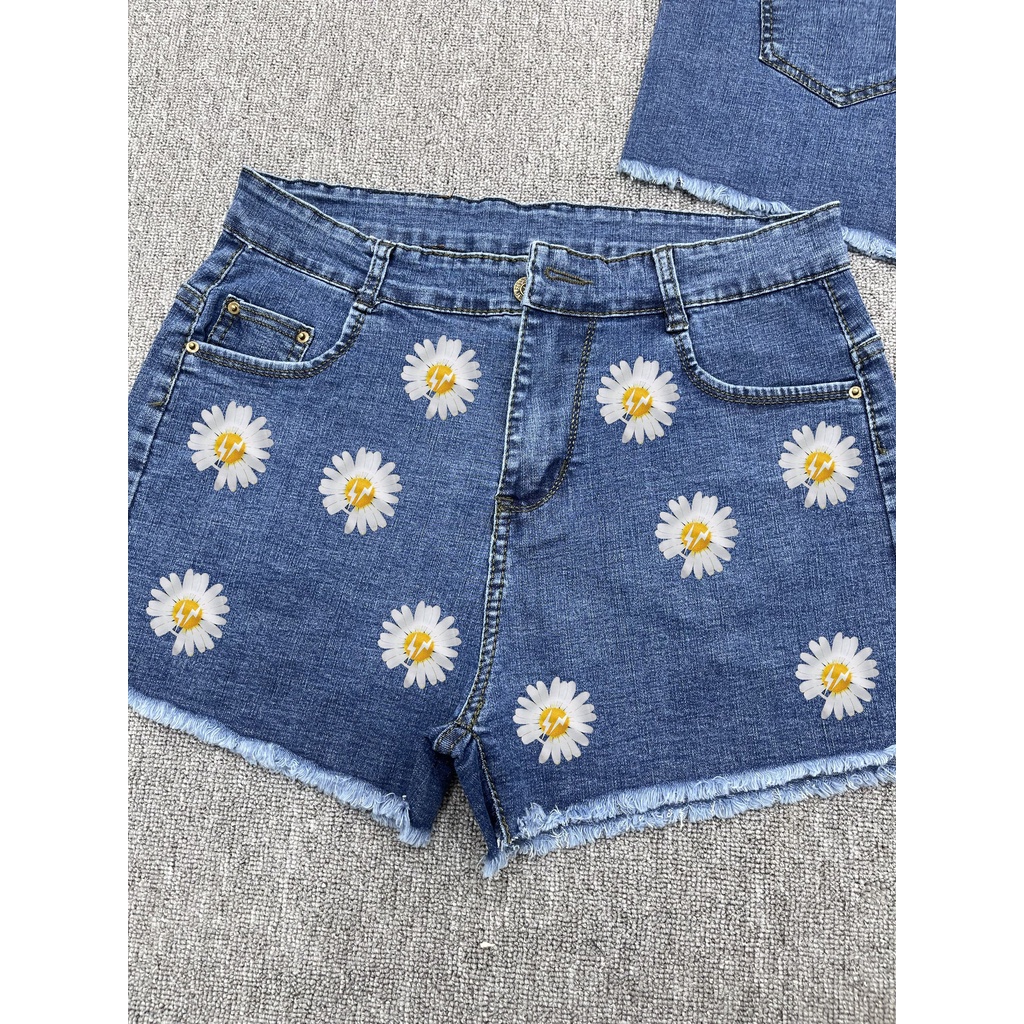 Quần short jean nữ BigSize lưng cao trên rốn, co dãn mạnh, IN HÌNH HOA CÚC siêu đẹp MLJ