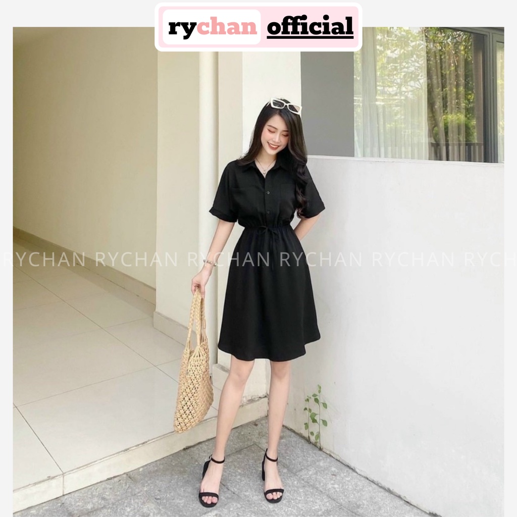 Đầm Nữ Đi Chơi Cổ Sơ Mi Tay Ngắn Nút Trước Thun Eo Có Túi Màu Đen Trắng - DX9798