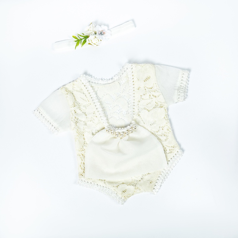 Bộ Áo Liền Quần Phối Ren + Băng Đô Xinh Xắn Dùng Làm Đạo Cụ Chụp Ảnh Cho Bé Gái