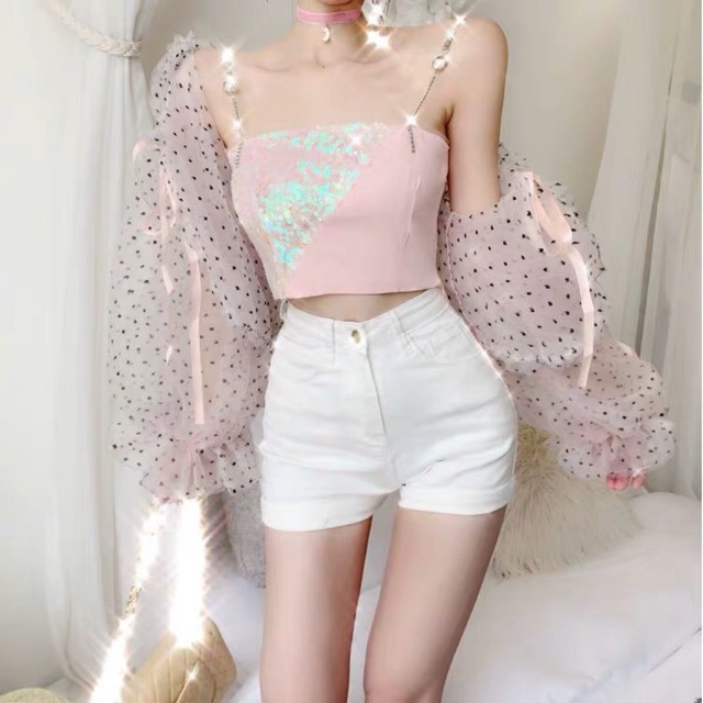 Áo Khoác Voan Chấm Bi Dây Rút