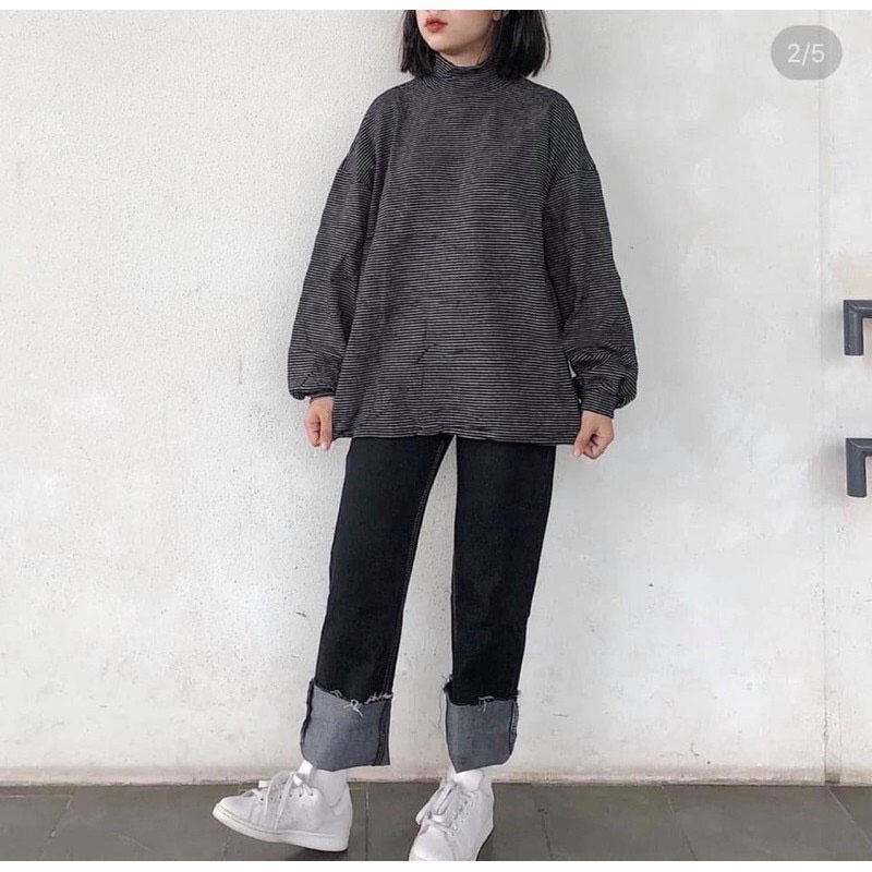 ÁO LEN CỔ LỌ KẺ NGANG TAY BỒNG