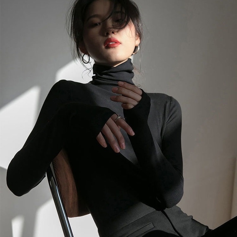 Áo Thun Tay Dài Dáng Ôm Cổ Lọ Màu Trơn Dễ Phối Đồ Thời Trang Cho Nữ