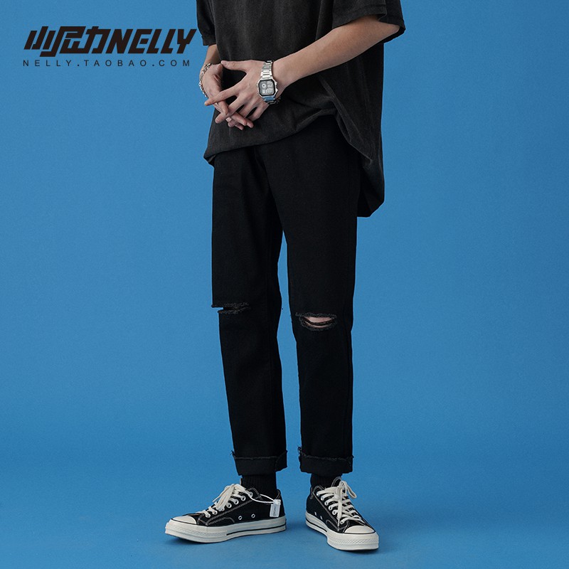 Quần baggy nam nữ ống rộng rách gối màu đen , quần jeans unisex không phai màu BMX