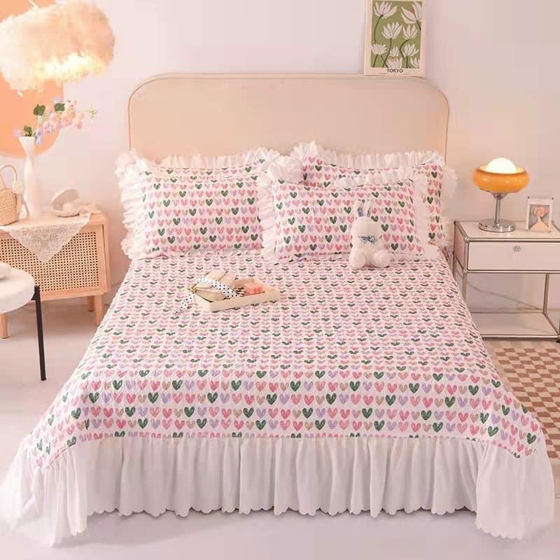 Bộ Ga Gối Cotton Trần Bèo Siêu Xinh-Ga Phủ Bèo Kèm 2 Vỏ Gối Đầu Chất Cotton Thoáng Mát Sẵn Đủ Kích Thước