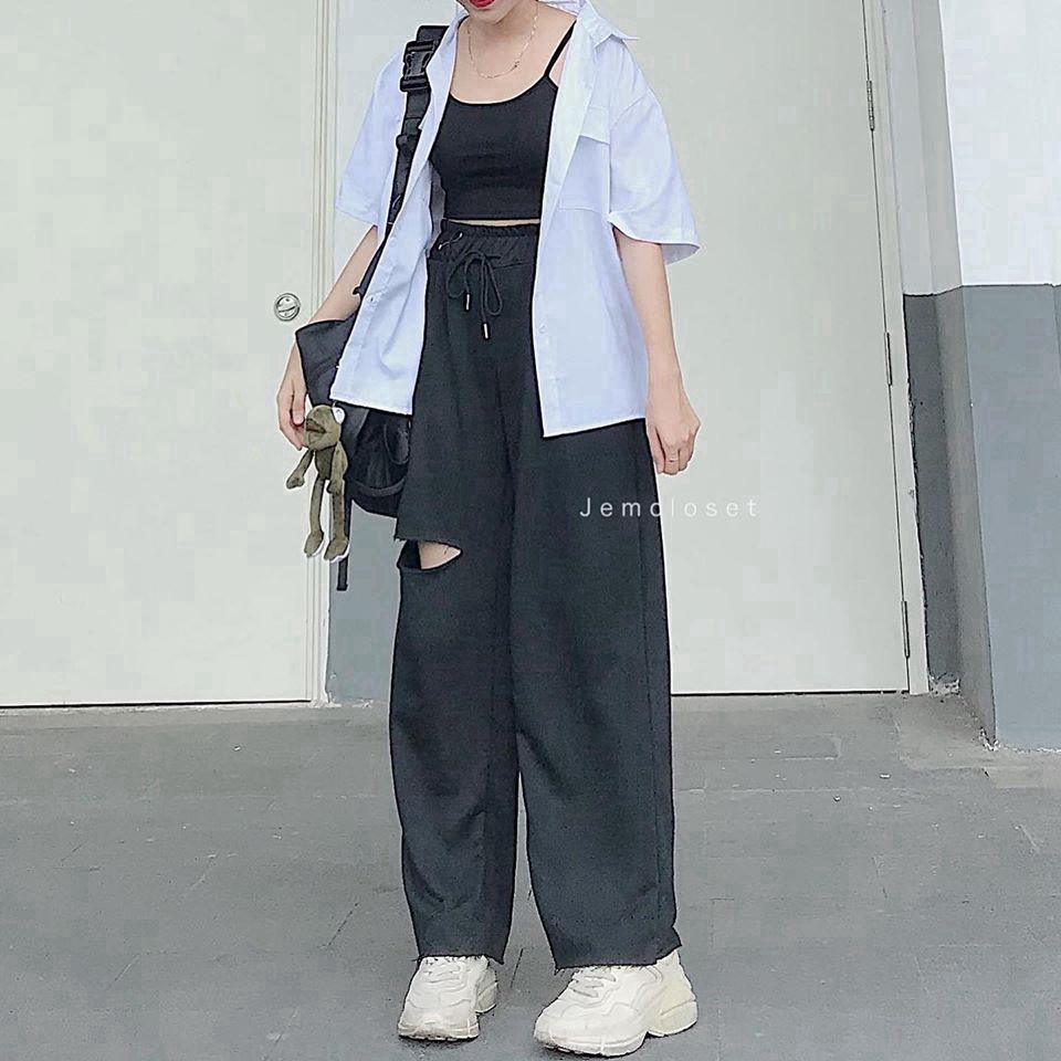 Quần ống rộng rách đùi lai tưa Unisex- Quần nỉ bo chun dáng rộng phong cách ullzang quần cá tính | BigBuy360 - bigbuy360.vn