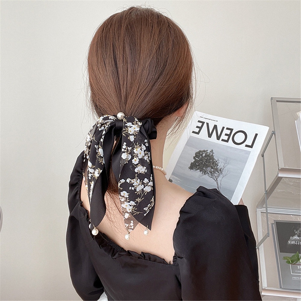 Dây Cột Tóc Ruy Băng Dài Đính Hạt Ngọc Trai Họa Tiết Hoa Thời Trang Mùa Hè