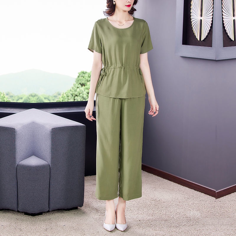 ✹Bộ đồ cotton lụa của phụ nữ mùa hè rộng rãi quần ngắn tay hai mảnh mặc bên ngoài kích thước lớn ở nhà của mẹ trung niên