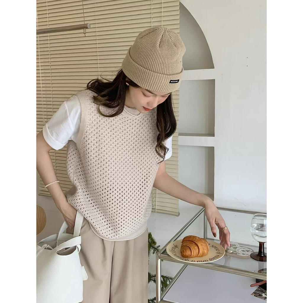 (HÀNG SẴN) Áo len sợi dệt móc lưới, form suông cọc tay có xẻ tà - Áo Gile đan len thoáng mát, trẻ trung