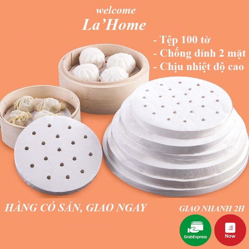 100 tờ Giấy nến đục lỗ La'Home, Giấy nến tròn lót xửng hấp, nồi chiên không dầu, hấp bánh bao