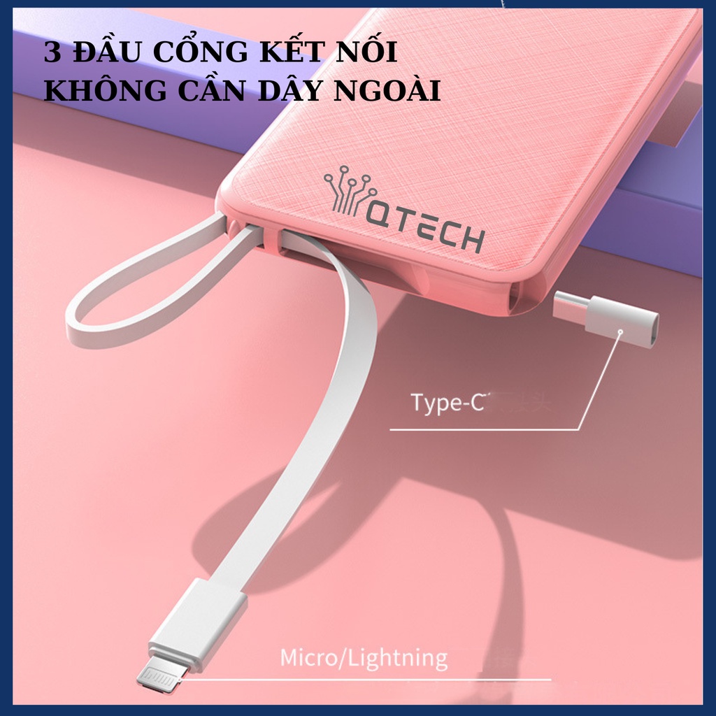 HỒNG PASTEL -Sạc dự phòng có màn hình LED Dung Lượng 10000mAh, kèm cáp 2IN1, sạc cùng lúc 3 thiết bị