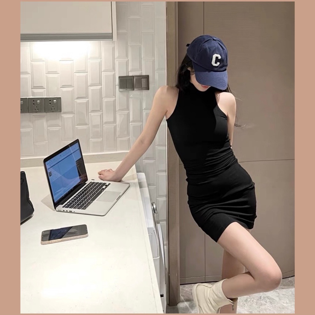 Đầm body ba lỗ cổ lọ form ôm siêu tôn dáng phong cách Hàn Quốc