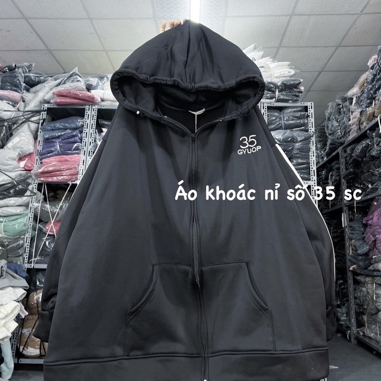 Áo khoác nỉ hoodie trơn thêu logo 35, áo khoác form rộng ulzzang dây rút nhiều màu phong cách Hàn Quốc