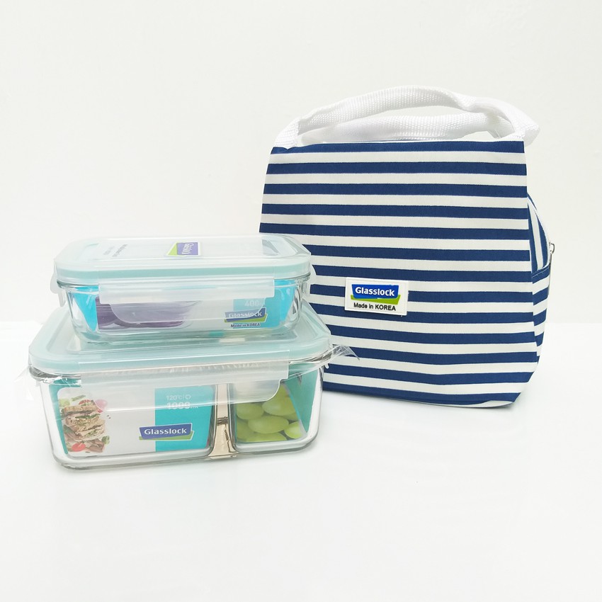 Bộ hộp cơm thủy tinh Glasslock 1000ml chia ngăn + 400ml + túi giữ nhiệt kẻ Hàn Quốc - Larva Store